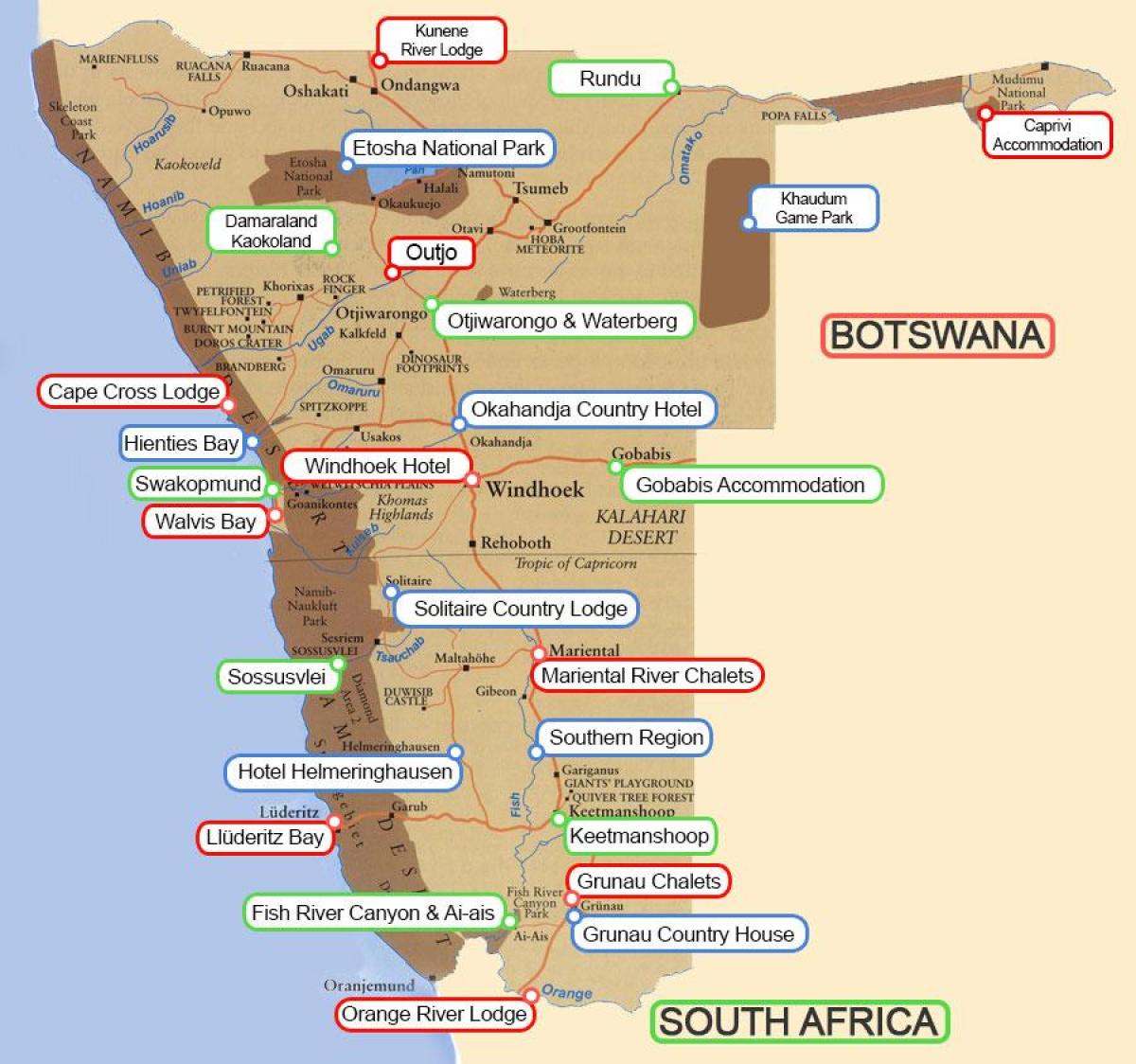 sitios de camping Namibia mapa