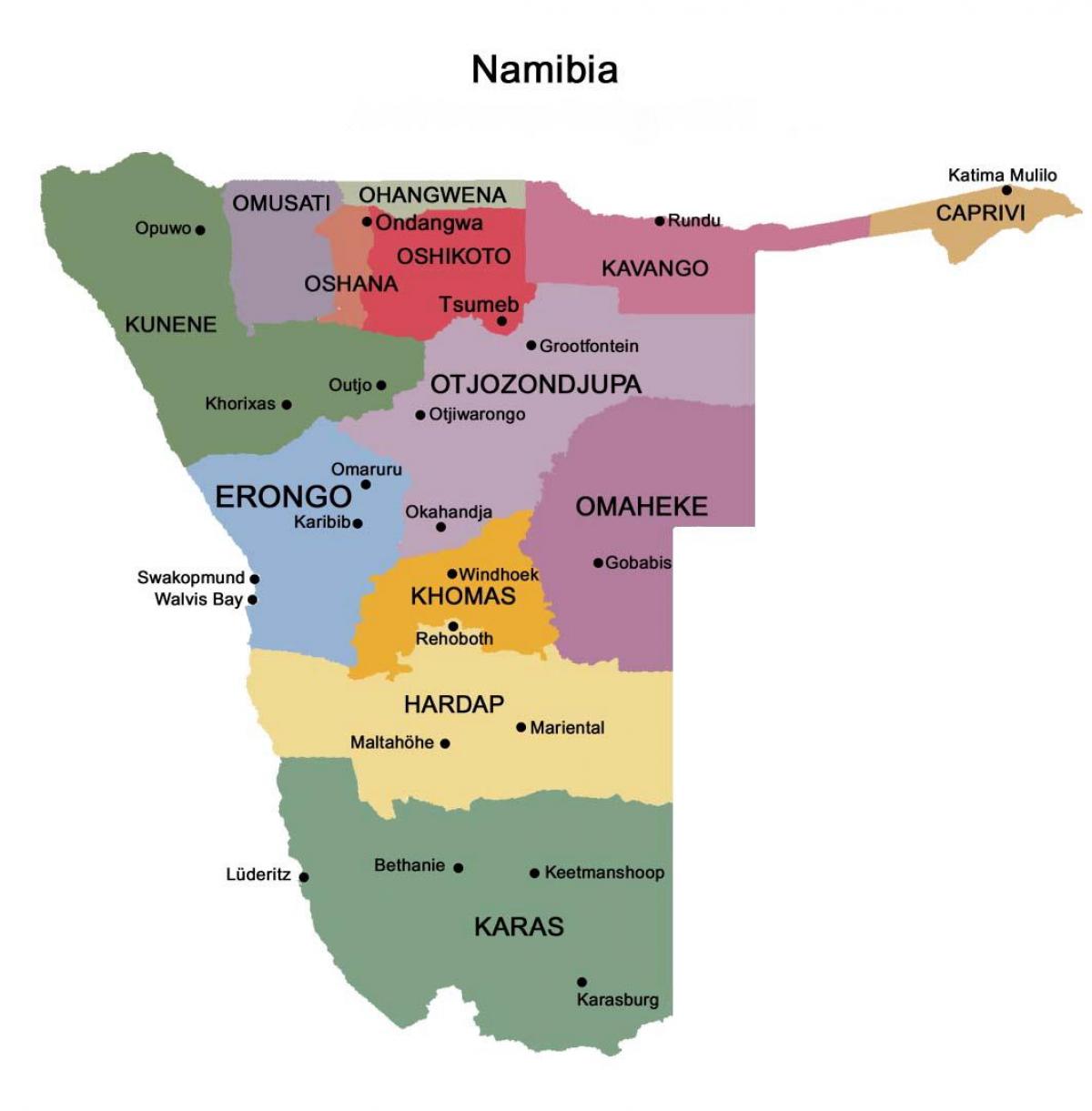 Mapa de Namibia con las regiones